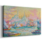 Canvas art print featuring a pointillist historic port with layered architecture, displayed at an angle