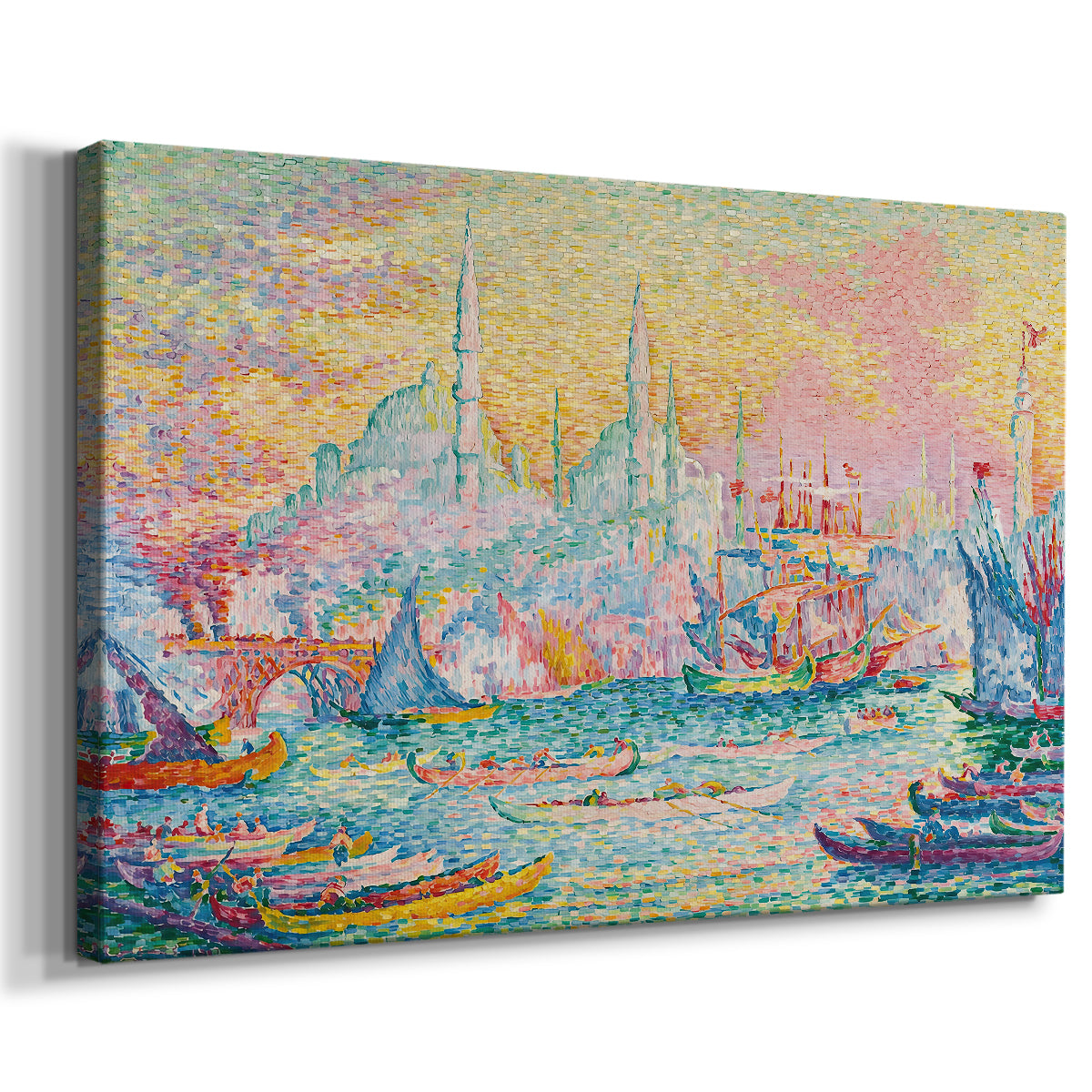 Canvas art print featuring a pointillist historic port with layered architecture, displayed at an angle