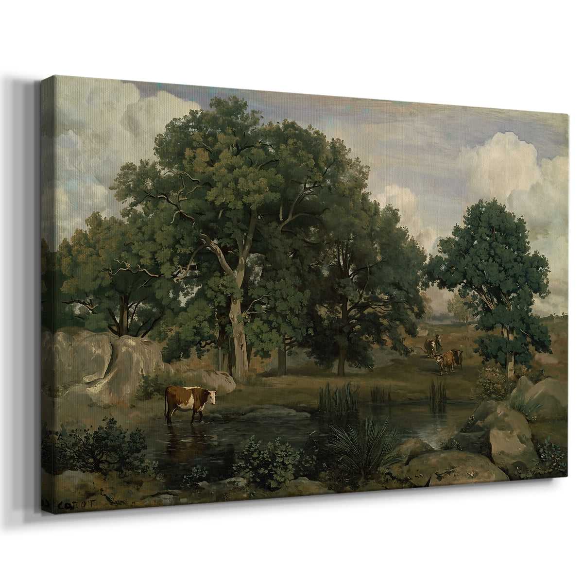 Canvas art print featuring a woodland scene with layered vegetation and soft tones, displayed at an angle