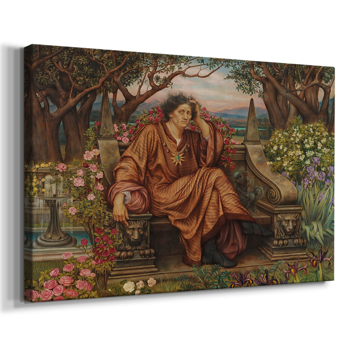 Canvas art print featuring a dramatic allegory of suffering with figure engulfed in fiery environment, displayed at an angle