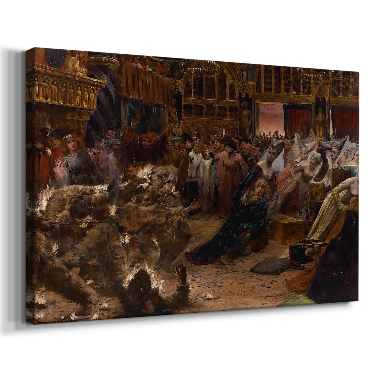 Canvas art print featuring a dramatic gathering of people illuminated by firelight, displayed at an angle