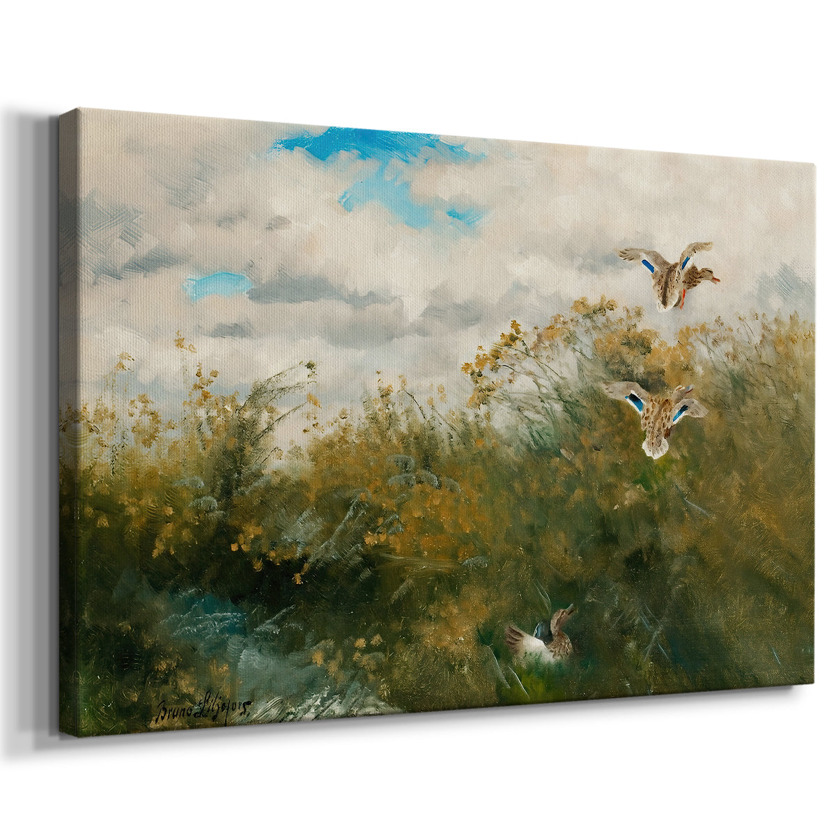 Canvas art print featuring a wildlife scene of ducks walking through tall grass beside water, displayed at an angle