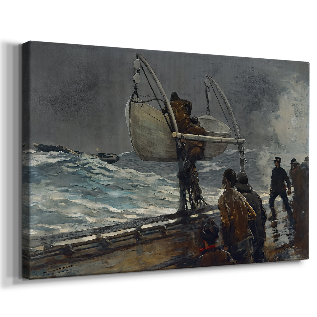 Canvas art print featuring a coastal scene with people reacting to vessel offshore, displayed at an angle