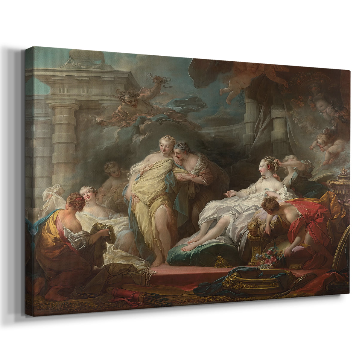 Canvas art print featuring a Rococo scene of figures interacting in decorative interior, displayed at an angle