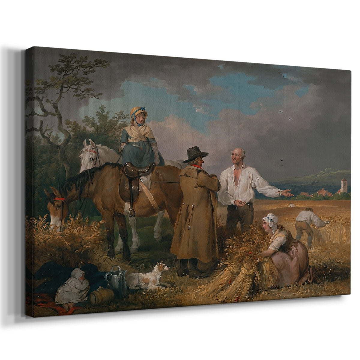 Canvas art print featuring a pastoral scene of workers cutting grain in field, displayed at an angle