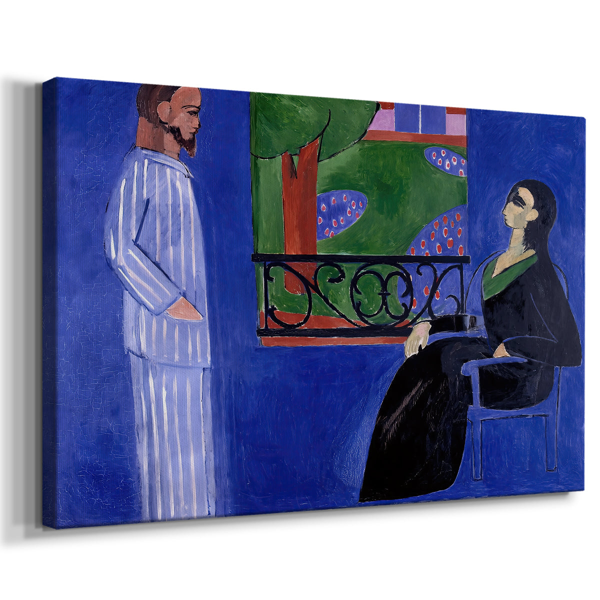 Canvas art print featuring an expressive scene of a man and woman facing each other indoors, displayed at an angle