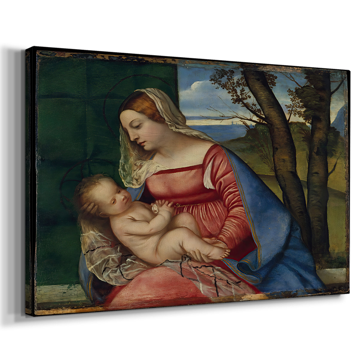 Canvas art print featuring an intimate religious portrait of mother and infant, displayed at an angle