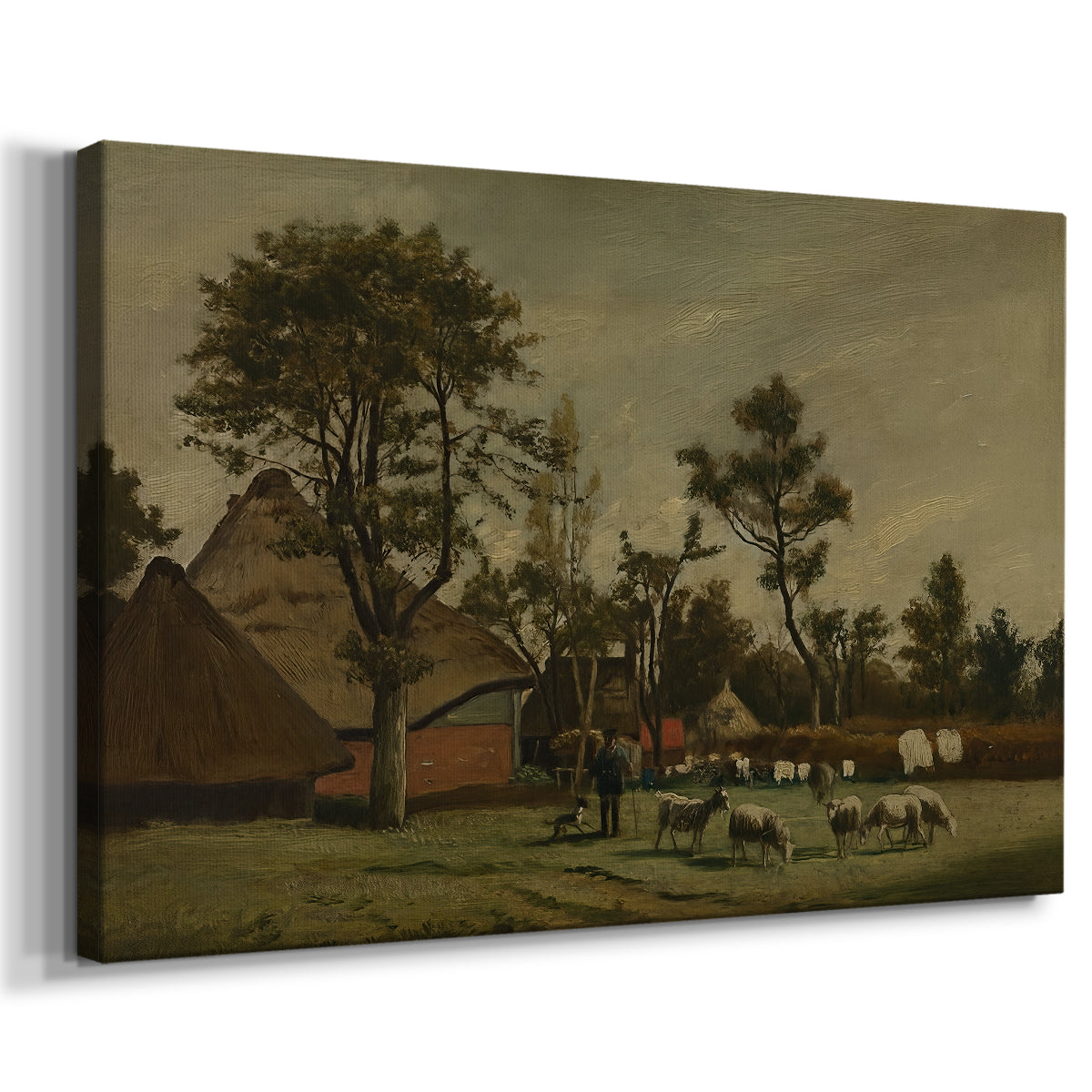 Canvas art print featuring a pastoral scene with house and livestock in countryside, displayed at an angle
