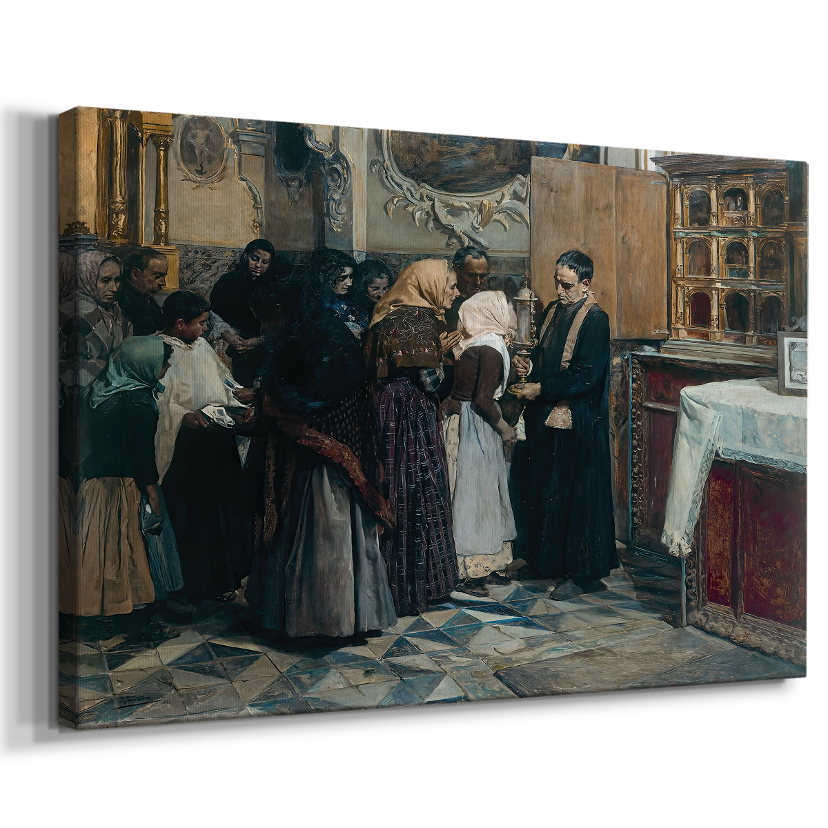 Canvas art print featuring a devotional scene with people participating in ritual, displayed at an angle