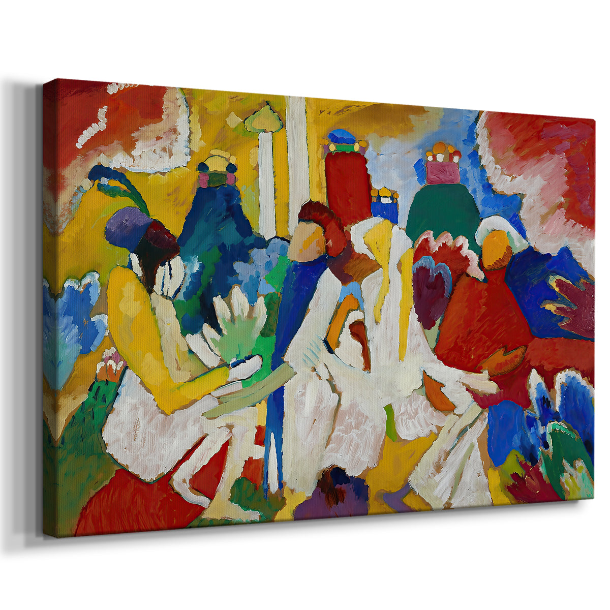 Canvas art print featuring an expressive scene with vibrant tones and loosely defined forms, displayed at an angle