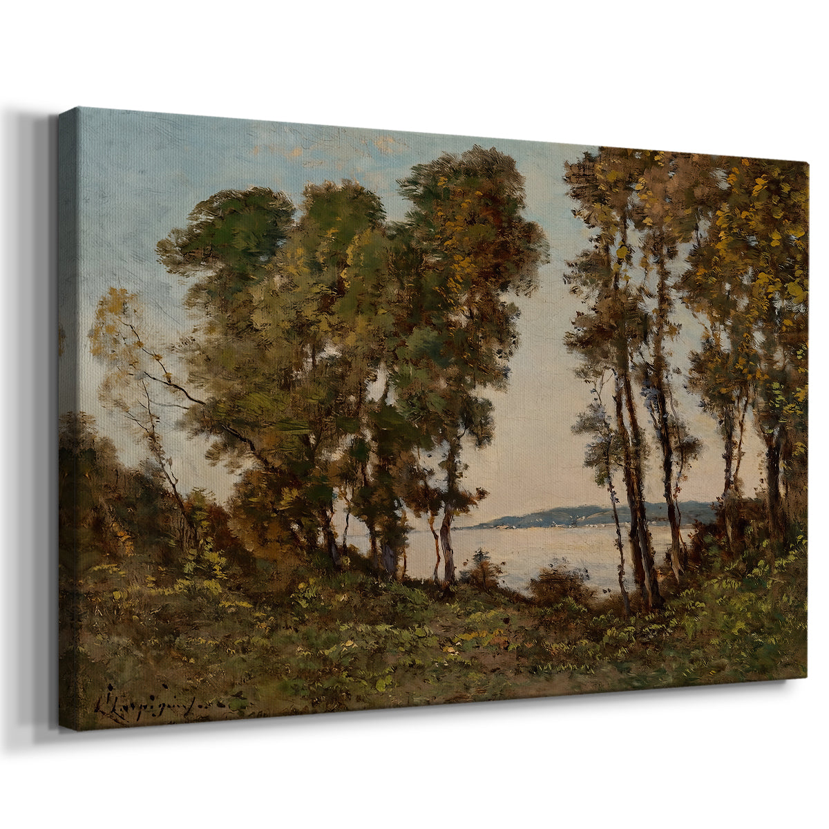 Canvas art print featuring a pastoral river scene with foliage along shoreline, displayed at an angle