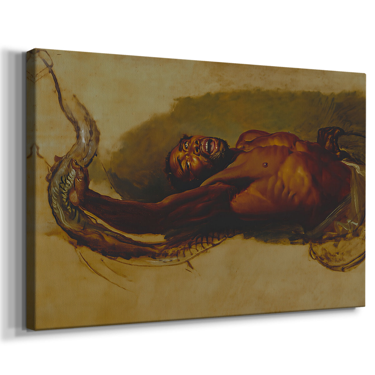 Canvas art print featuring an intense scene of human confronting constrictor, displayed at an angle