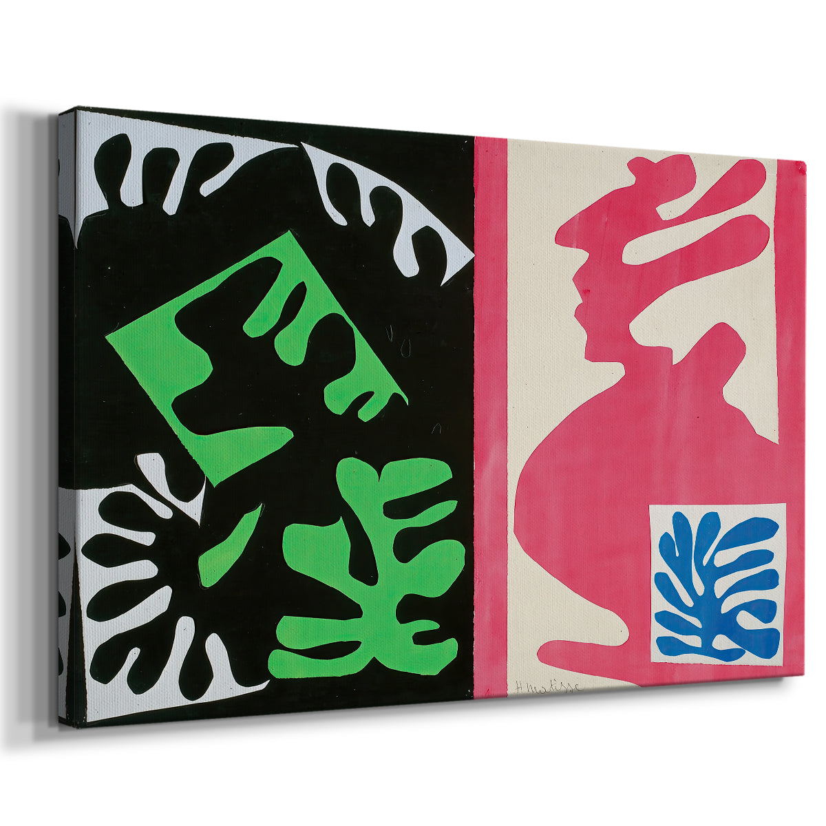 Canvas art print featuring a modernist composition with cut-out forms and strong contrast, displayed at an angle