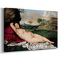 Canvas art print featuring a Renaissance depiction of Venus lying nude in peaceful countryside, displayed at an angle