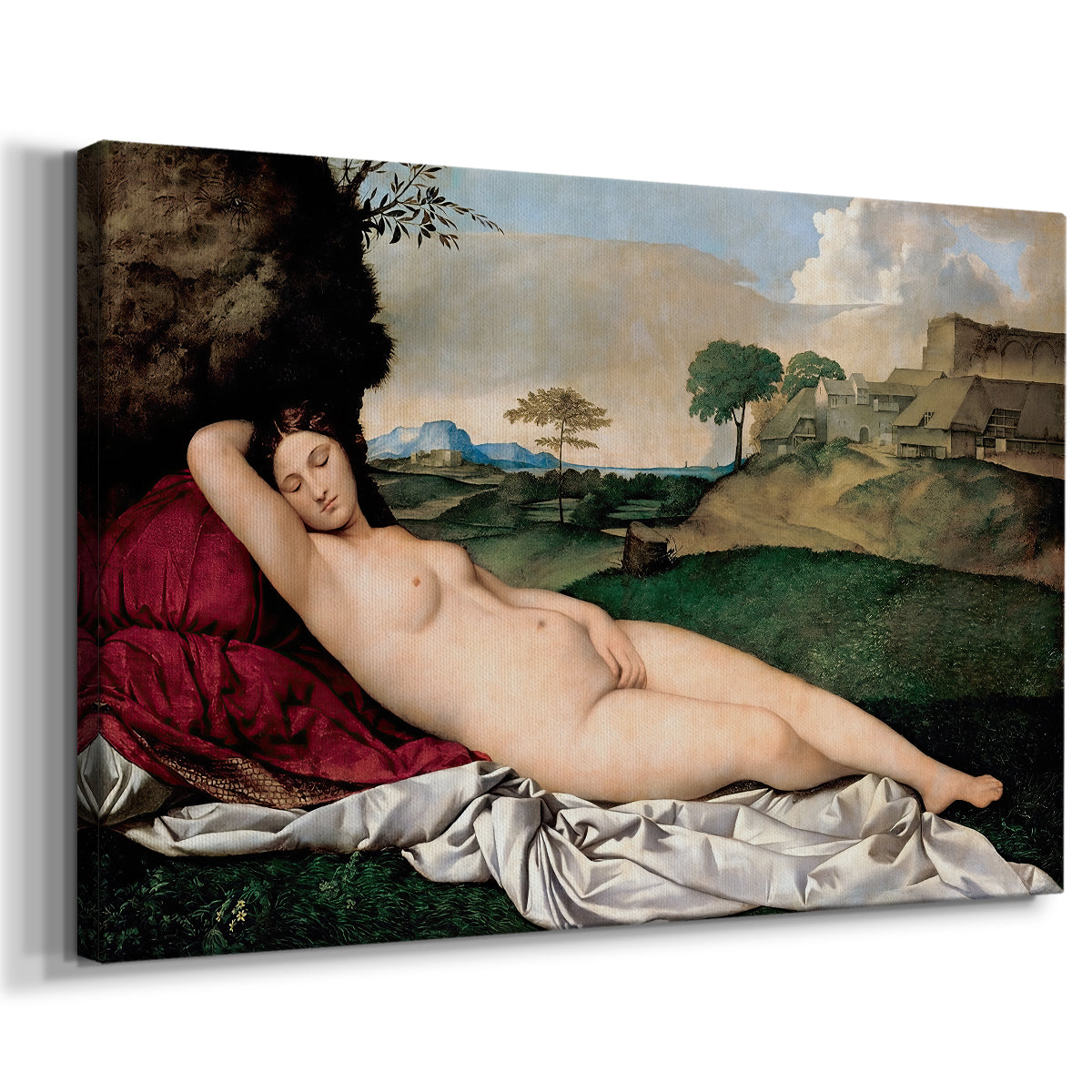 Canvas art print featuring a Renaissance depiction of Venus lying nude in peaceful countryside, displayed at an angle