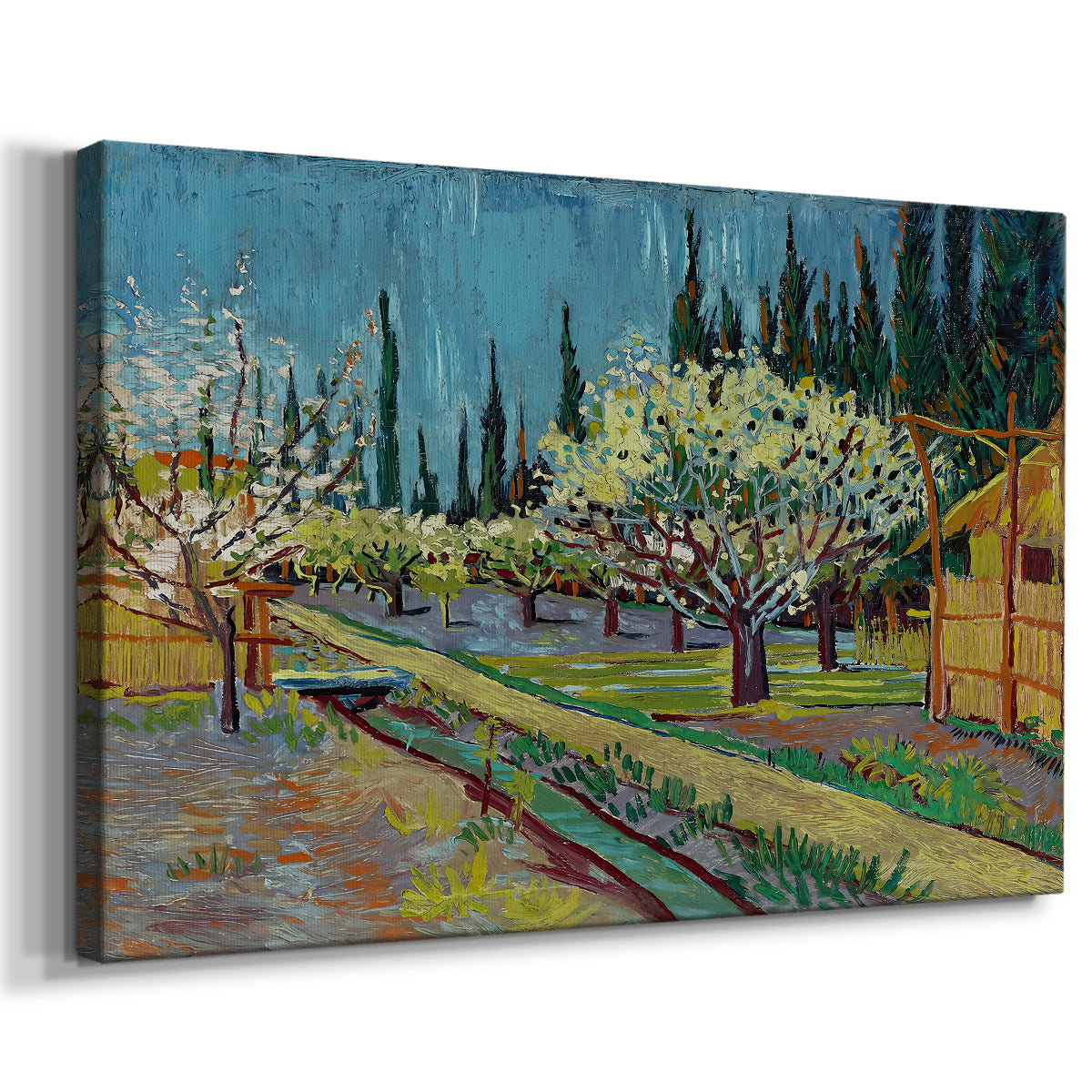 Canvas art print featuring a spring landscape with blossoms arranged in linear rows, displayed at an angle