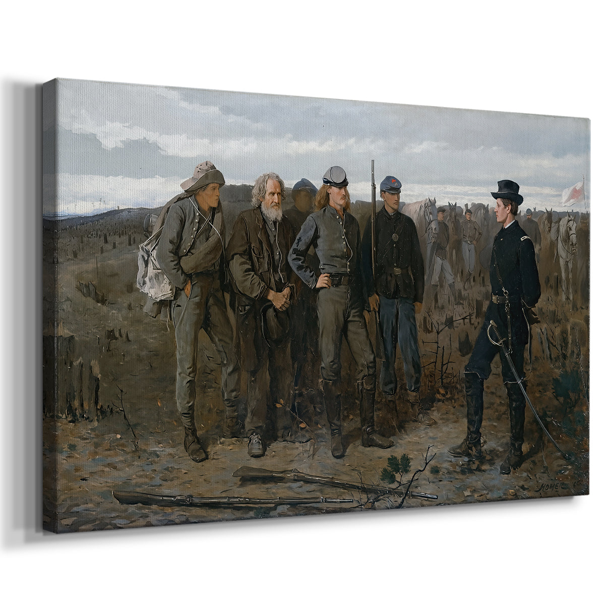 Canvas art print featuring a wartime scene with multiple figures arranged in open landscape, displayed at an angle