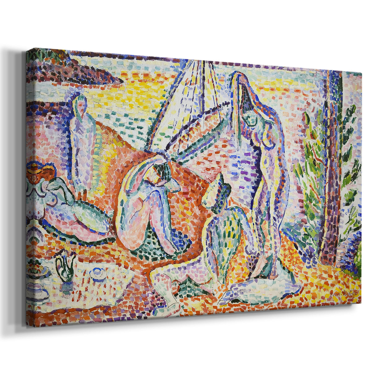 Canvas art print featuring an expressive seaside gathering with reclining and seated figures, displayed at an angle