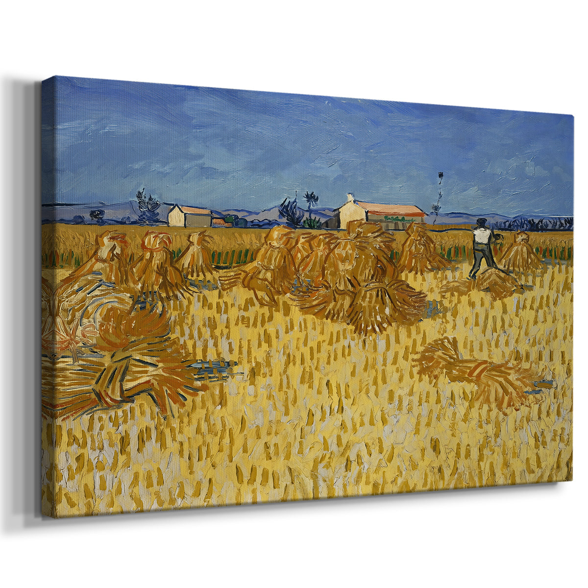 Canvas art print featuring an agricultural scene with cut wheat gathered into sheaves, displayed at an angle