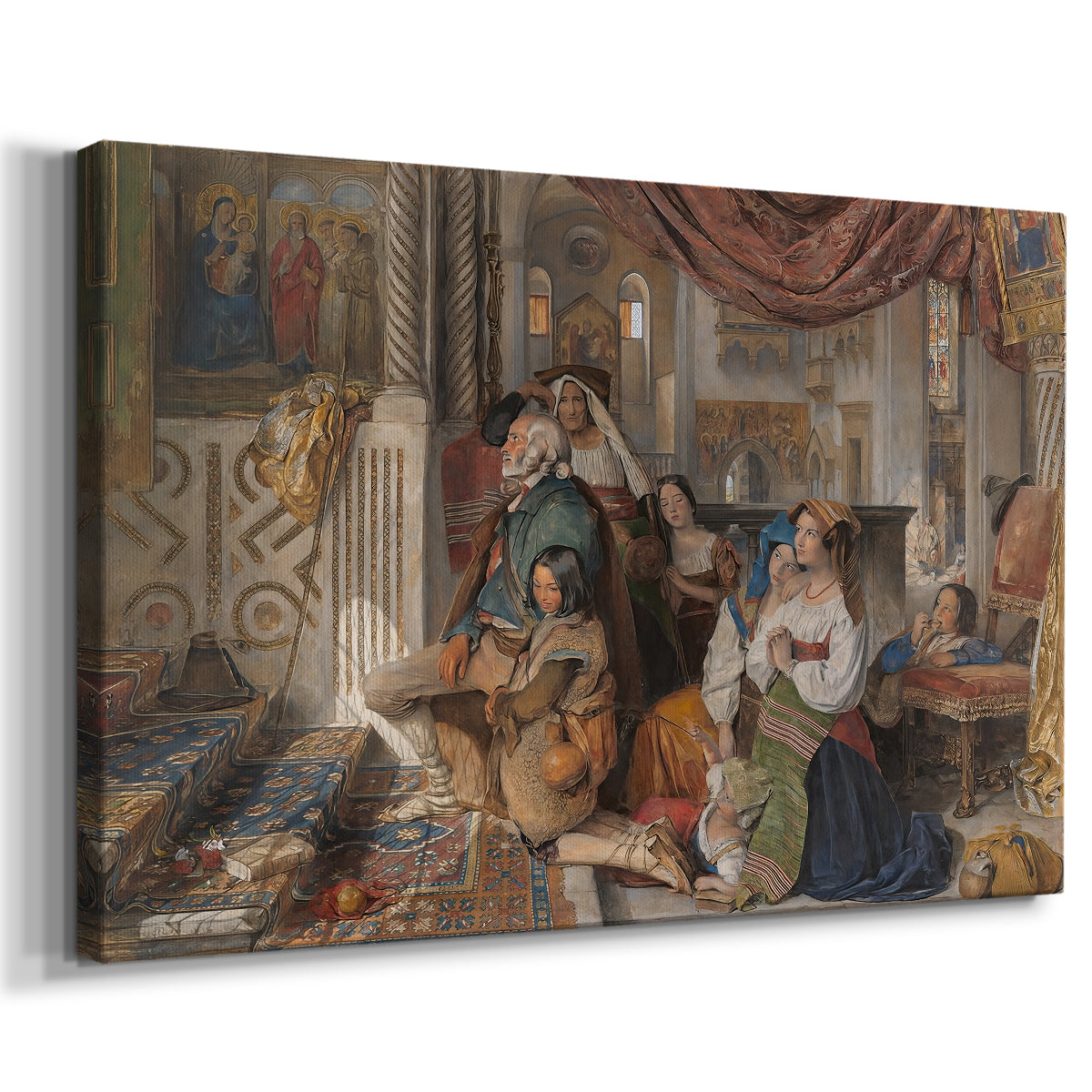 Canvas art print featuring a scene of people resting in historical attire, displayed at an angle