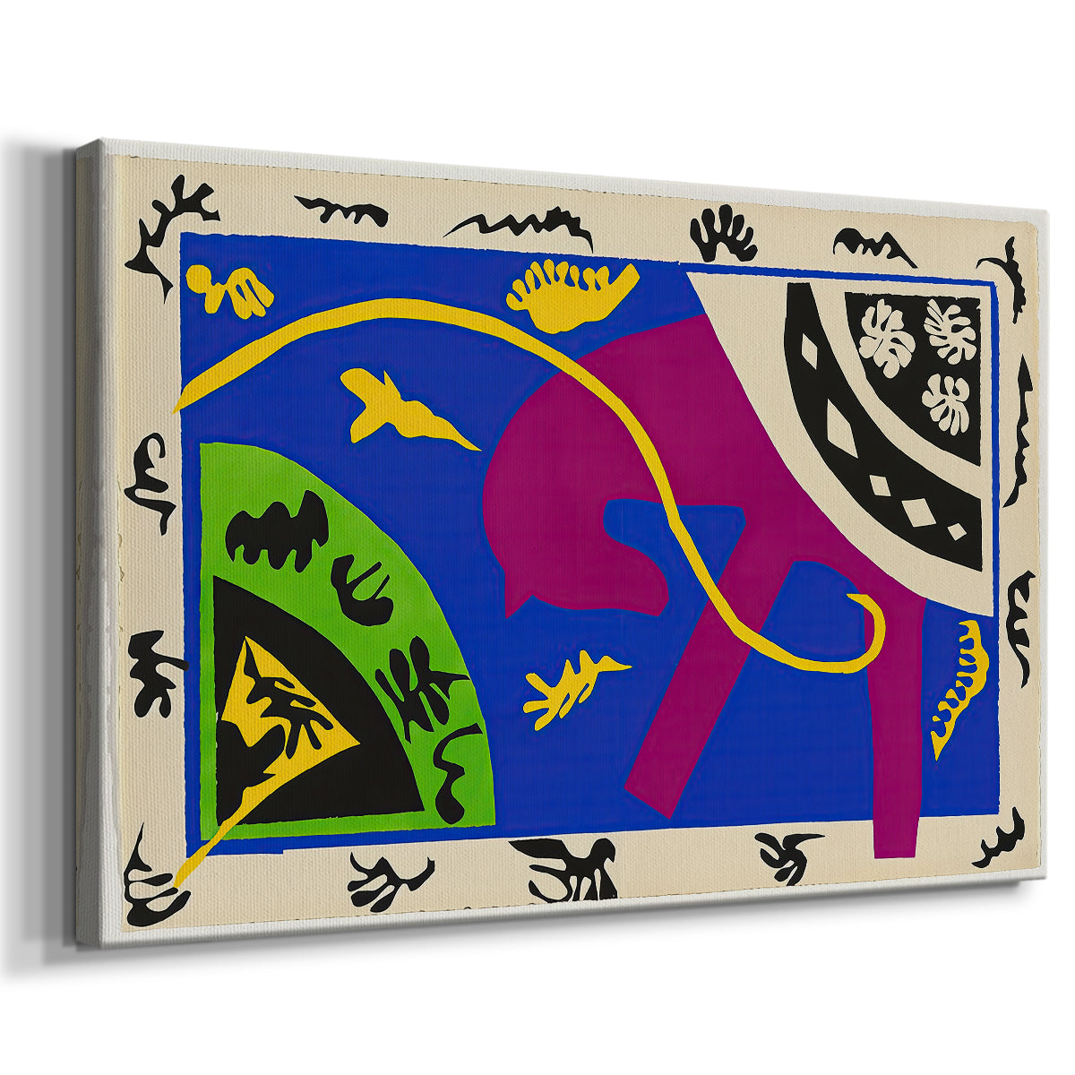 Canvas art print featuring a modernist collage combining animal and performer forms, displayed at an angle