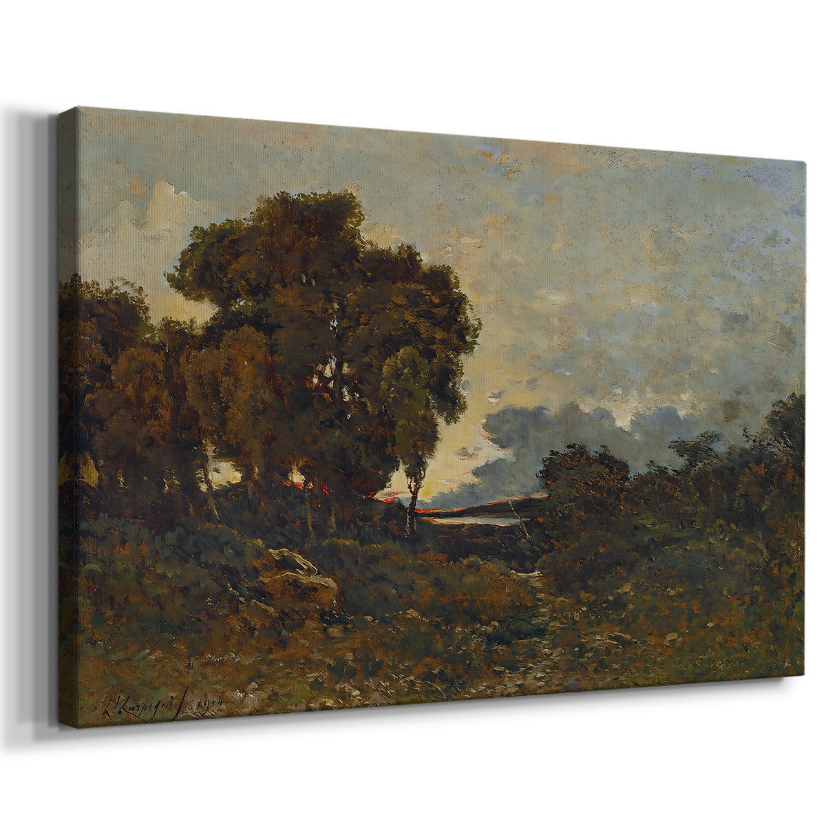Canvas art print featuring a pastoral scene with river illuminated by evening light, displayed at an angle