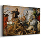 Canvas art print featuring a dynamic hunt with figures and dogs, displayed at an angle