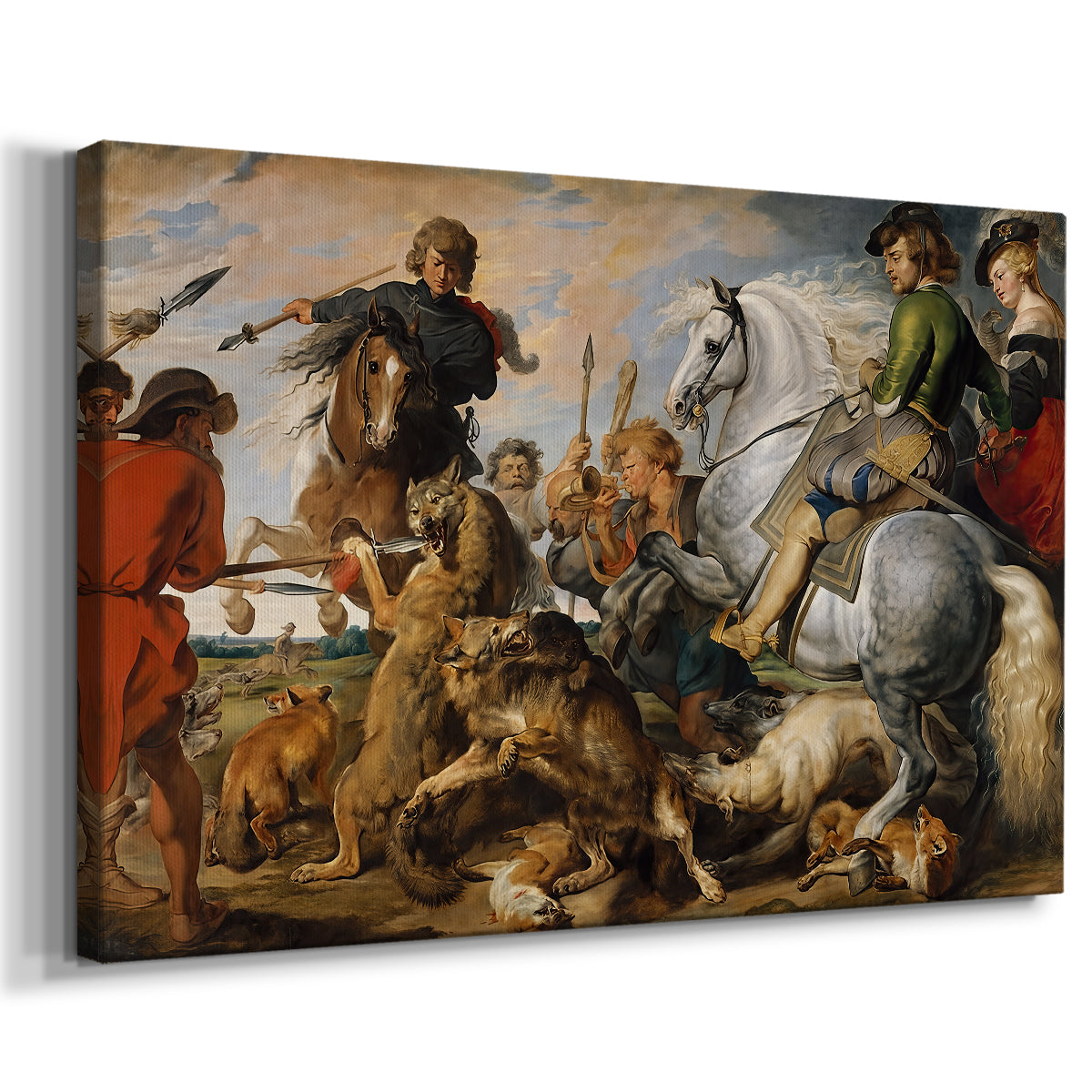 Canvas art print featuring a dynamic hunt with figures and dogs, displayed at an angle