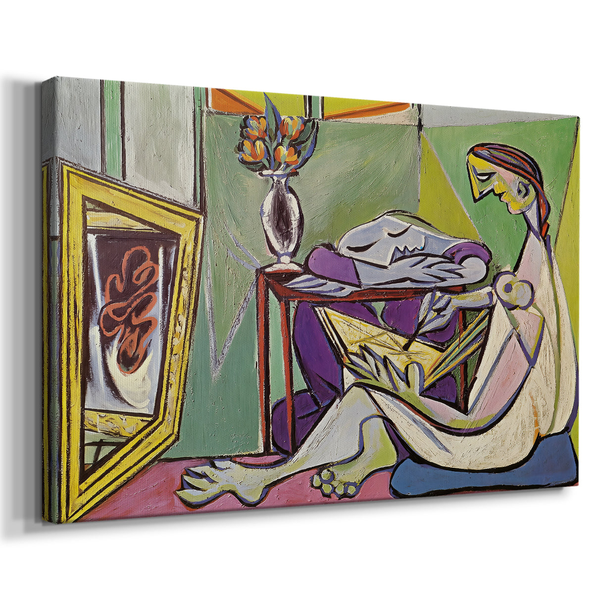 Canvas art print featuring a cubist portrait with fragmented elements, displayed at an angle