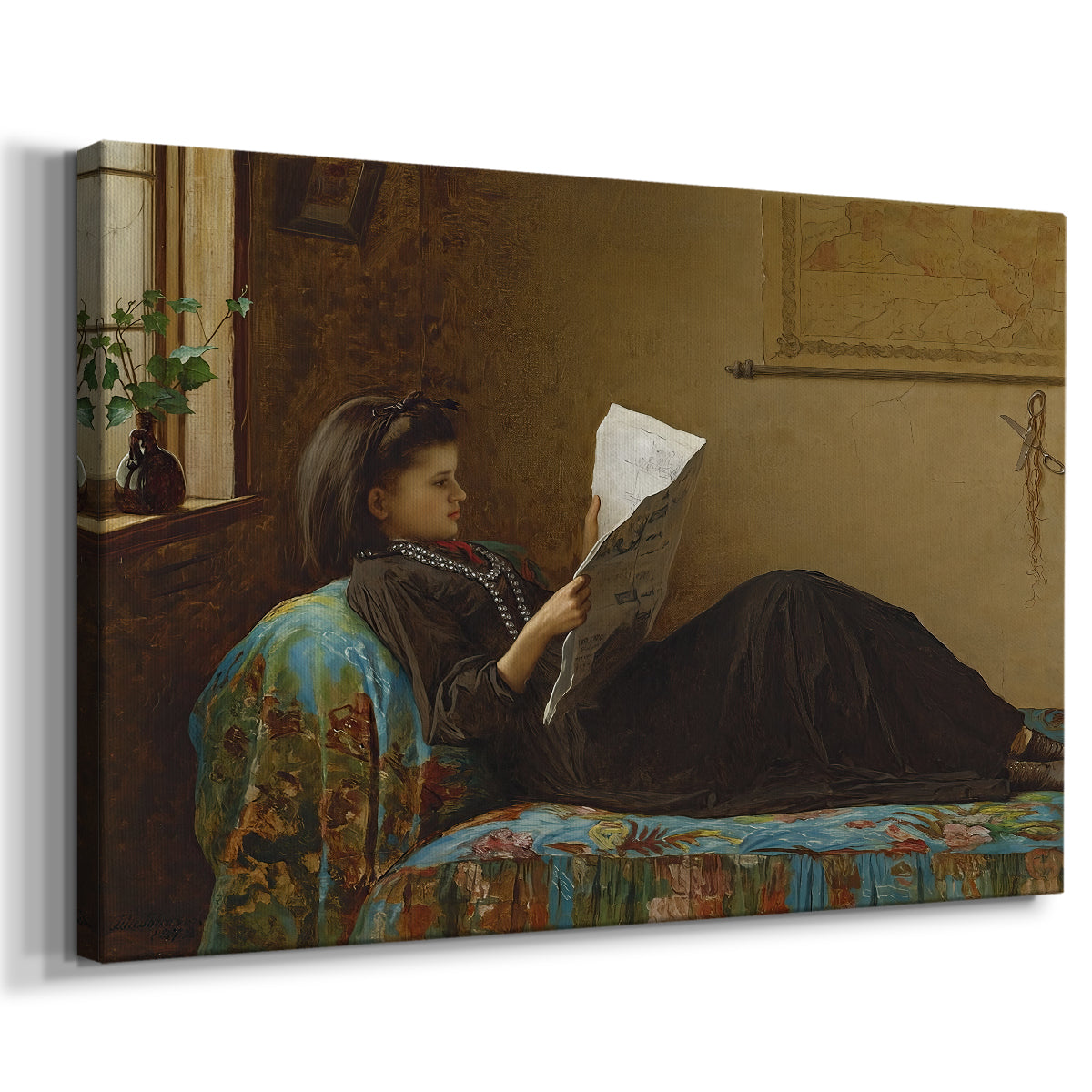Canvas art print featuring a domestic scene with figures reacting to shared news, displayed at an angle
