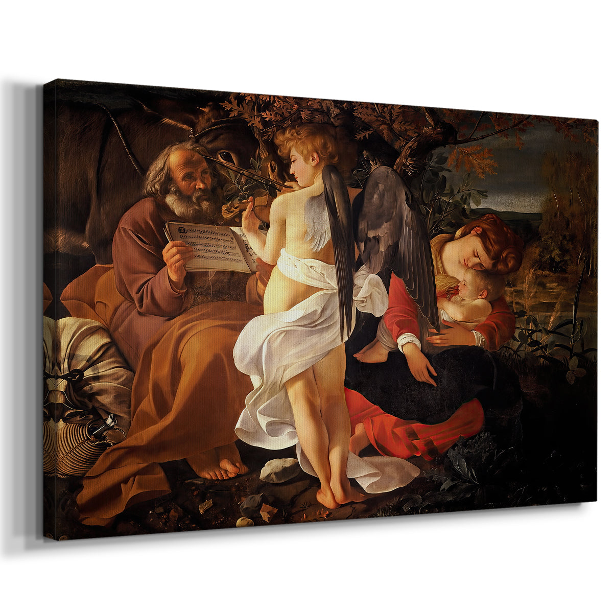 Canvas art print featuring a biblical scene of Mary, Joseph, and infant resting with angel musician, displayed at an angle