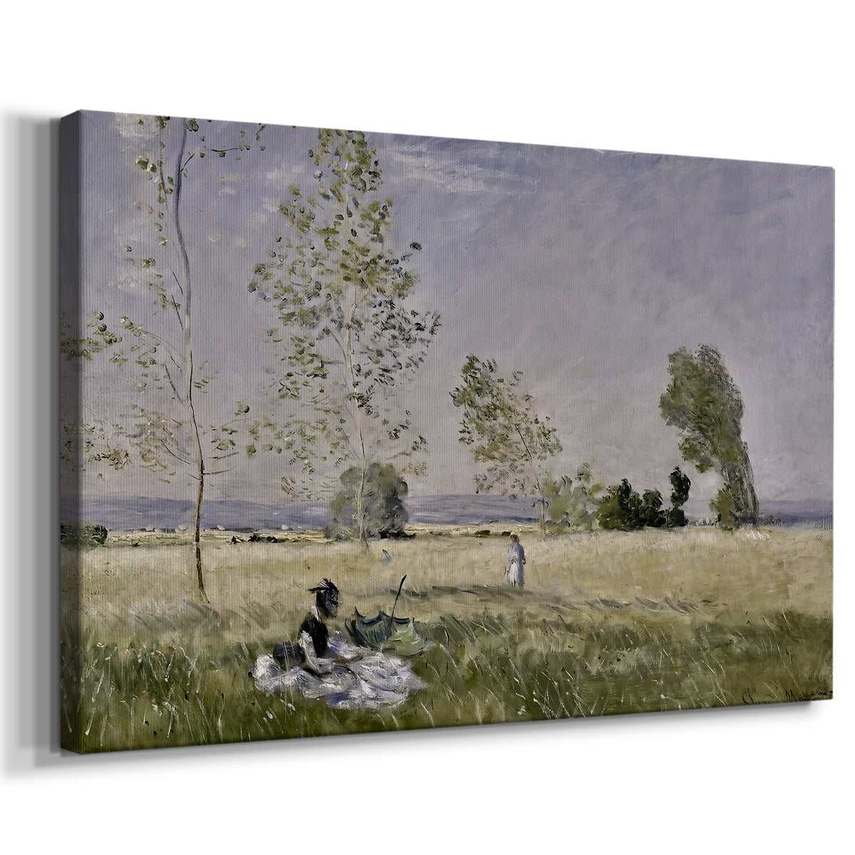 Canvas art print featuring an impressionist countryside scene with figure resting in shade, displayed at an angle