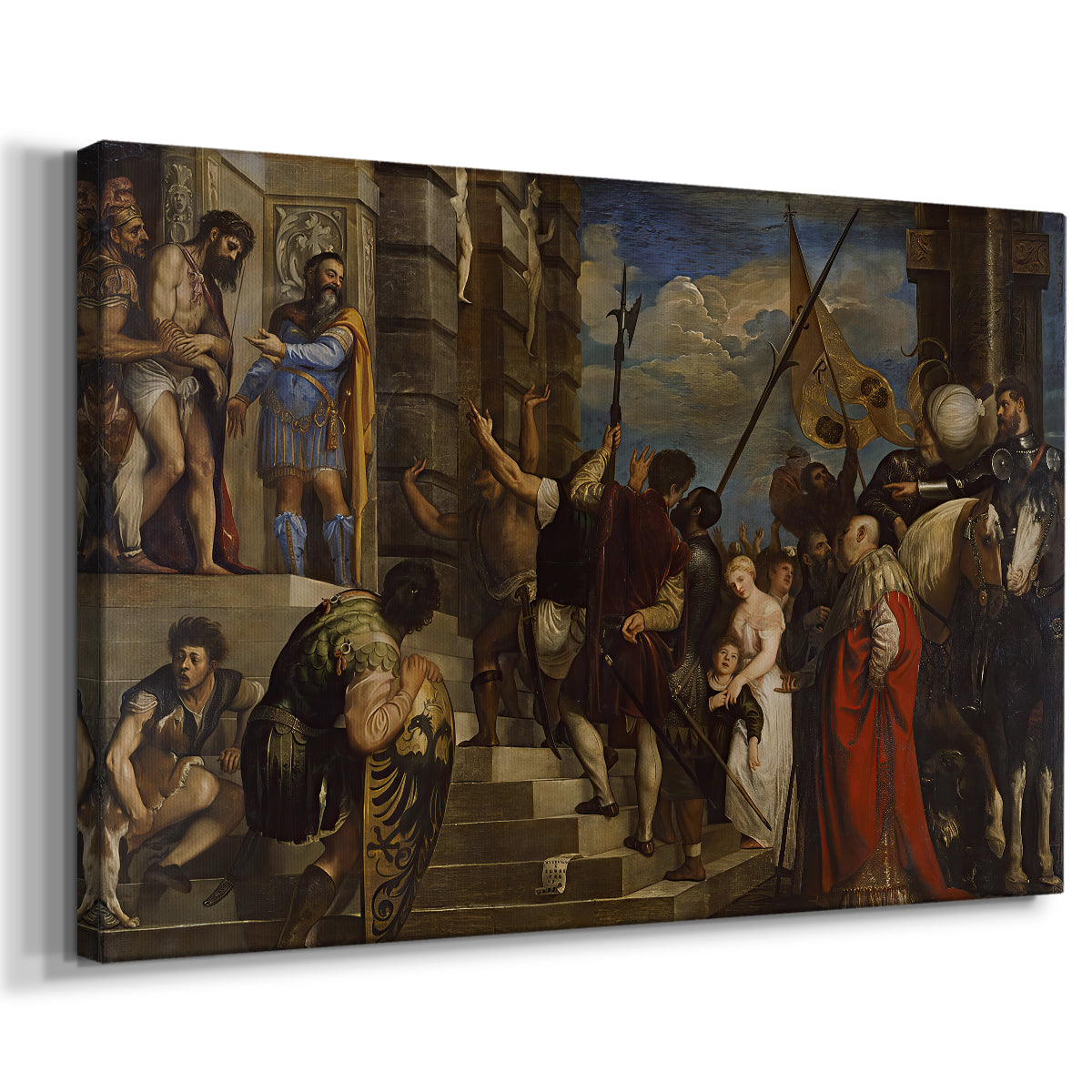Canvas art print featuring a dramatic Renaissance composition with multiple figures in architectural setting, displayed at an angle