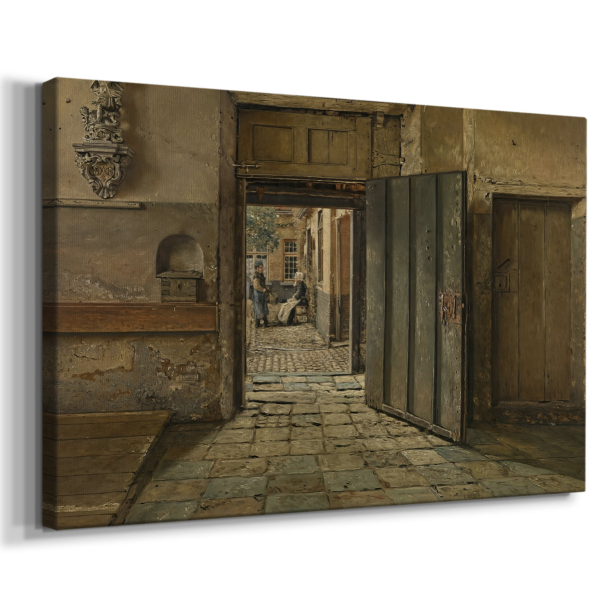Canvas art print featuring an indoor scene with figures facing each other in simple room, displayed at an angle