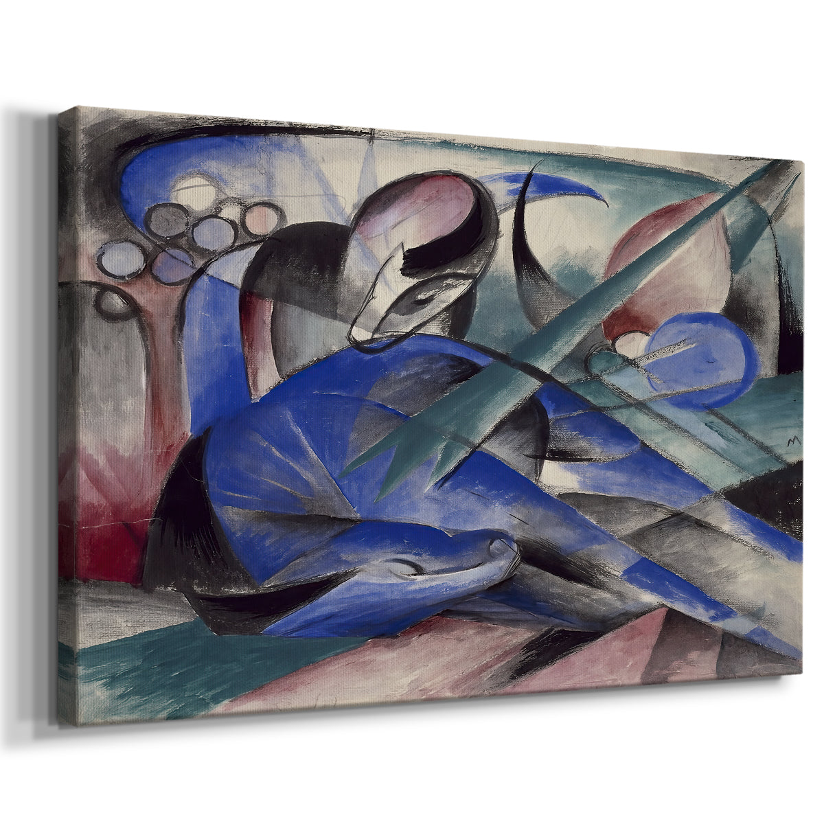 Canvas art print featuring an expressionist animal resting within stylized environment, displayed at an angle