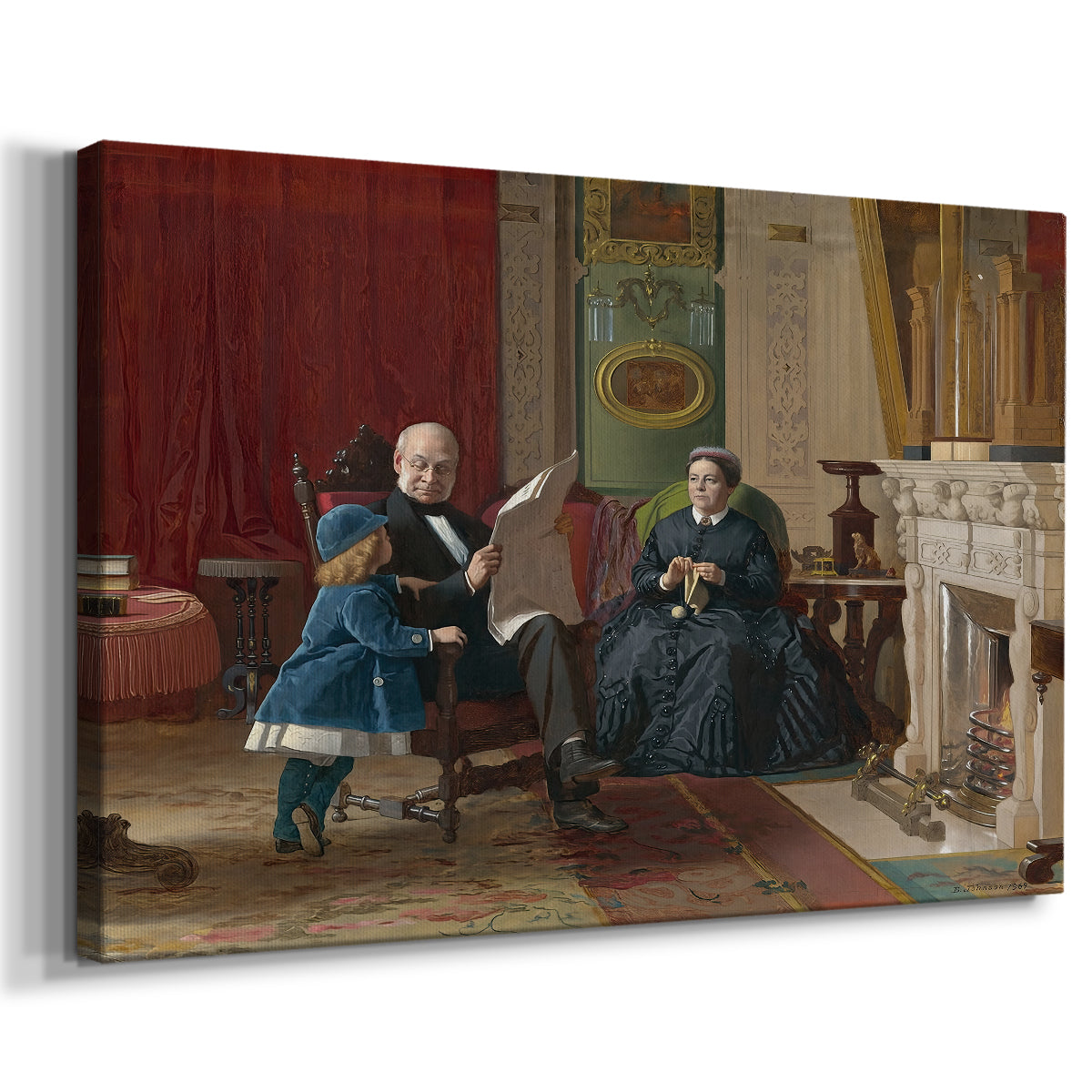 Canvas art print featuring a domestic portrait of group gathered in modest home setting, displayed at an angle