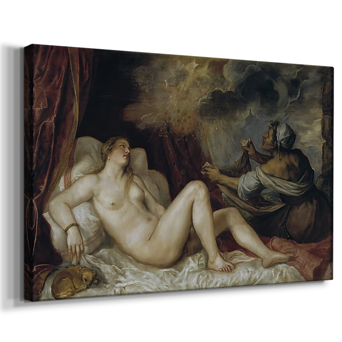 Canvas art print featuring a Renaissance figure study of Danaë with soft drapery and rich color, displayed at an angle