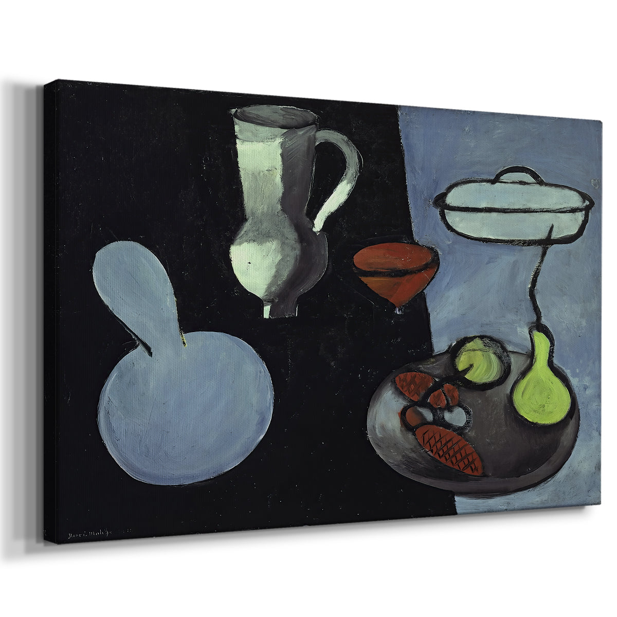 Canvas art print featuring a simplified still life of gourds in a modern setting, displayed at an angle