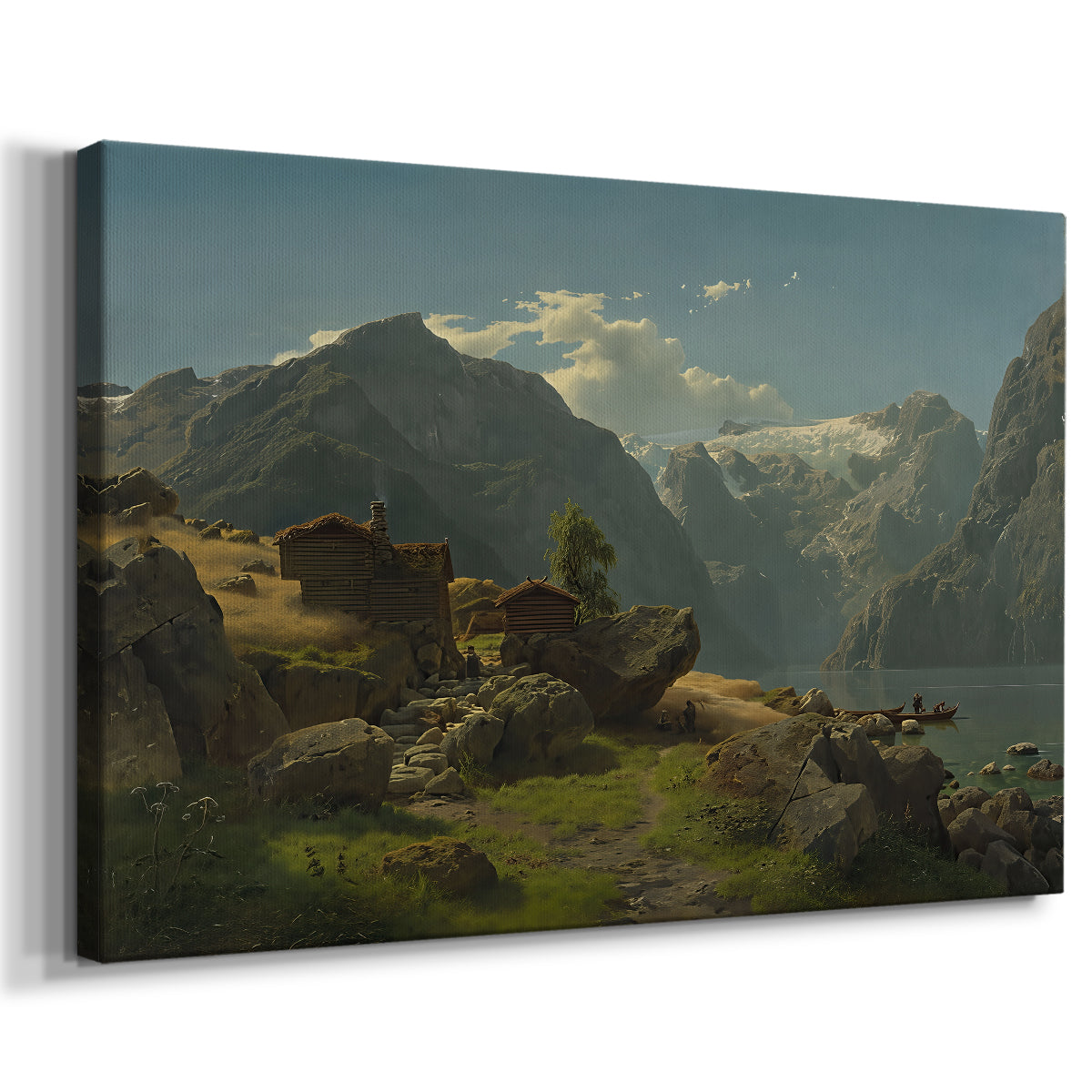 Canvas art print featuring a scenic Norwegian fjord with village and surrounding peaks, displayed at an angle