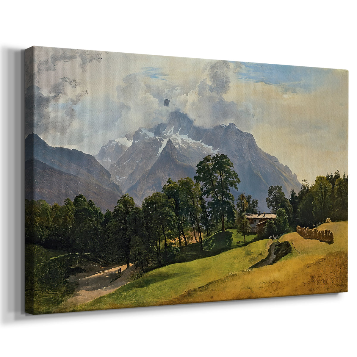 Canvas art print featuring an expansive mountain scene with rugged terrain, displayed at an angle