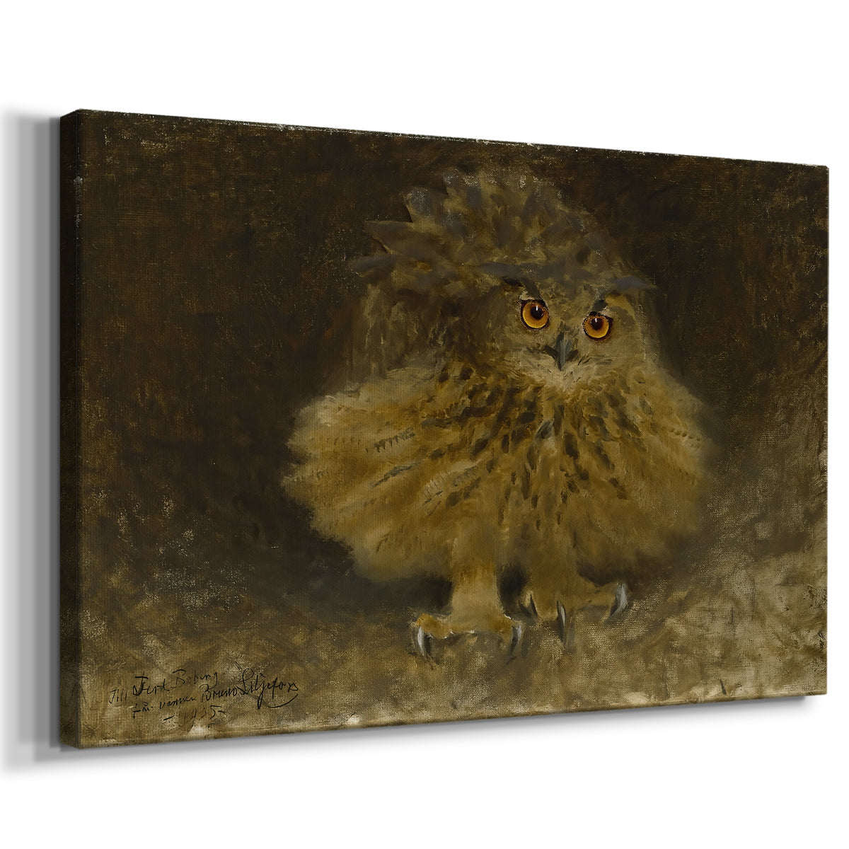 Canvas art print featuring a detailed wildlife painting of eagle owl with piercing eyes in darkness, displayed at an angle