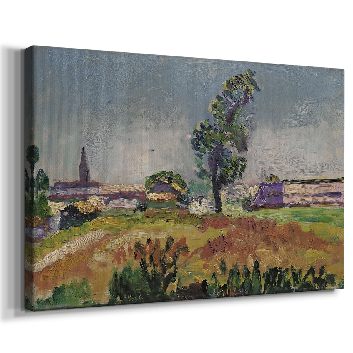 Canvas art print featuring an impressionist-style countryside scene with bridge and water, displayed at an angle