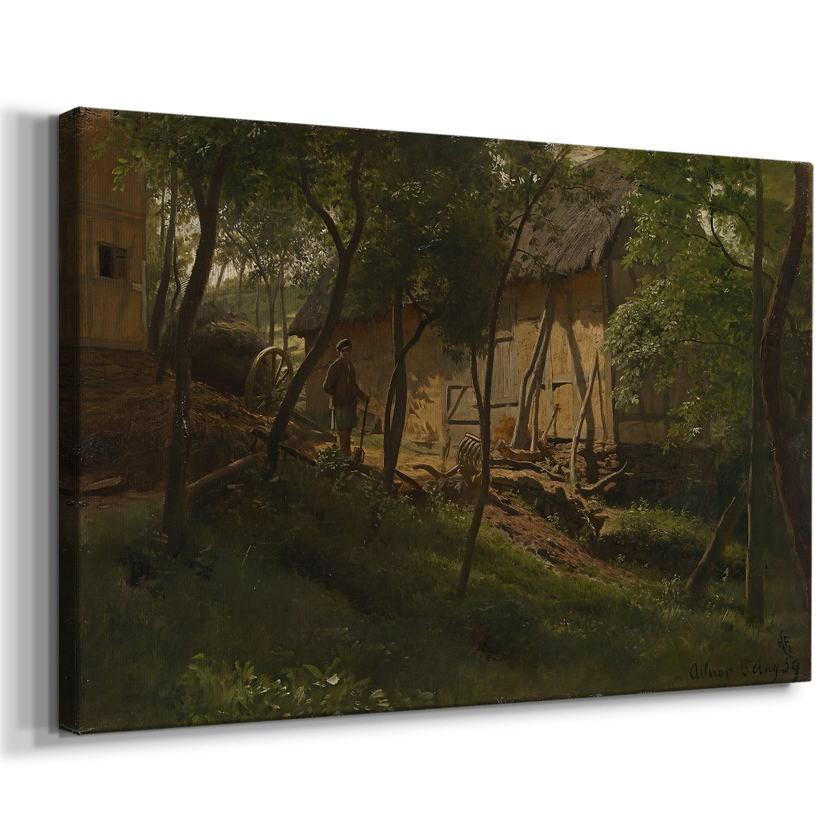 Canvas art print featuring a countryside farm scene with structures and natural setting, displayed at an angle