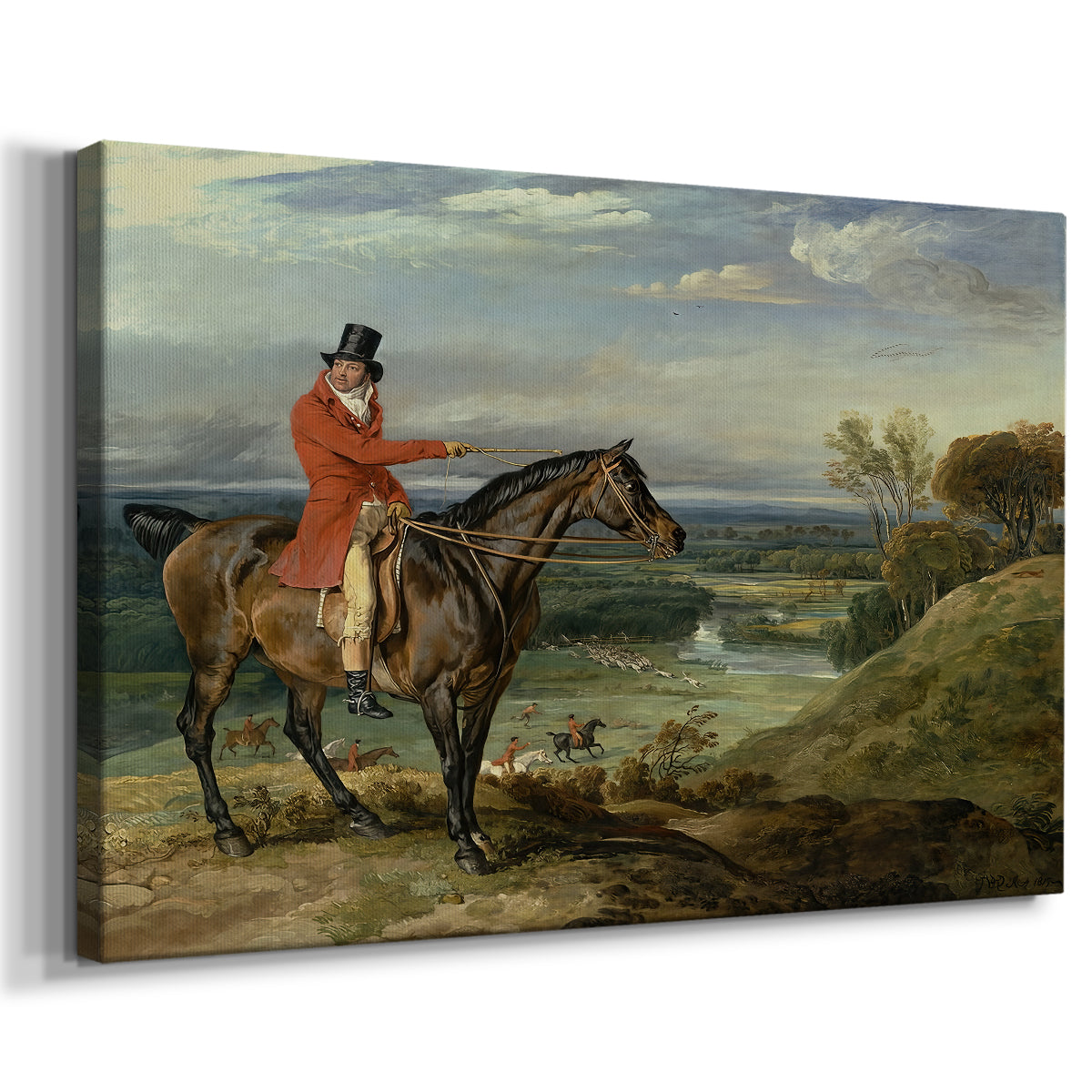 Canvas art print featuring a detailed hunting scene with rider and pack of dogs, displayed at an angle