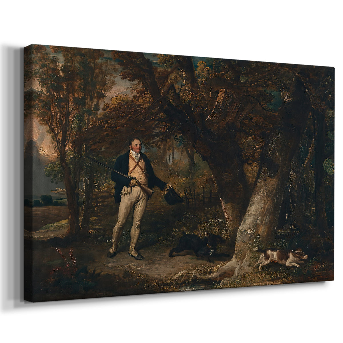 Canvas art print featuring a hunting scene with figure and dogs in open field, displayed at an angle