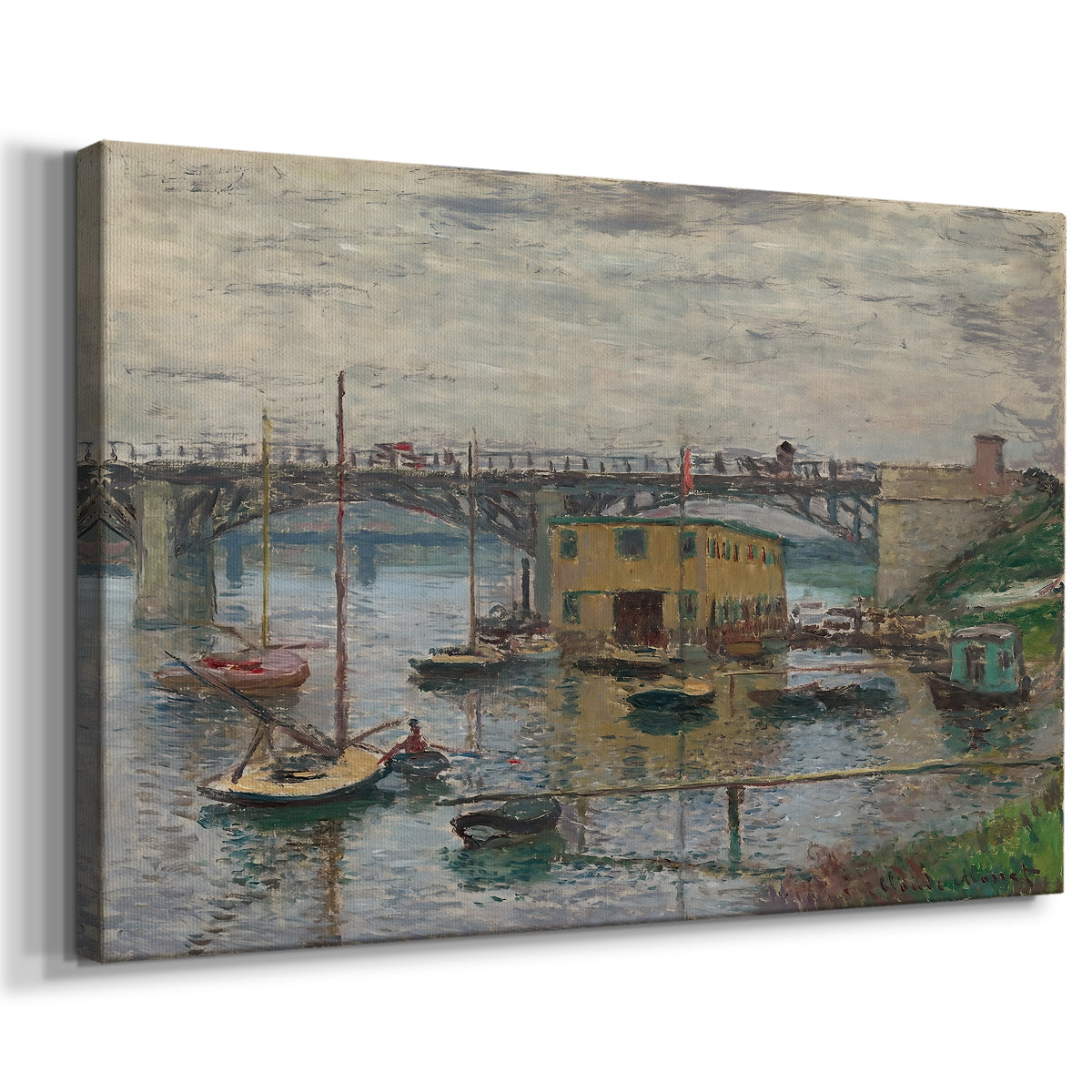 Canvas art print featuring an impressionist riverscape with overcast atmosphere and soft tones, displayed at an angle