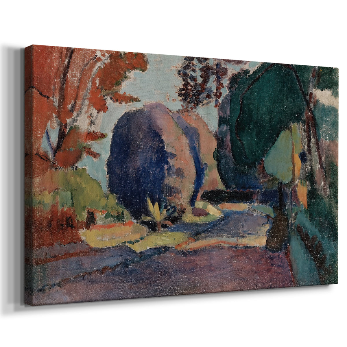 Canvas art print featuring an expressive park scene with foliage and resting figure, displayed at an angle