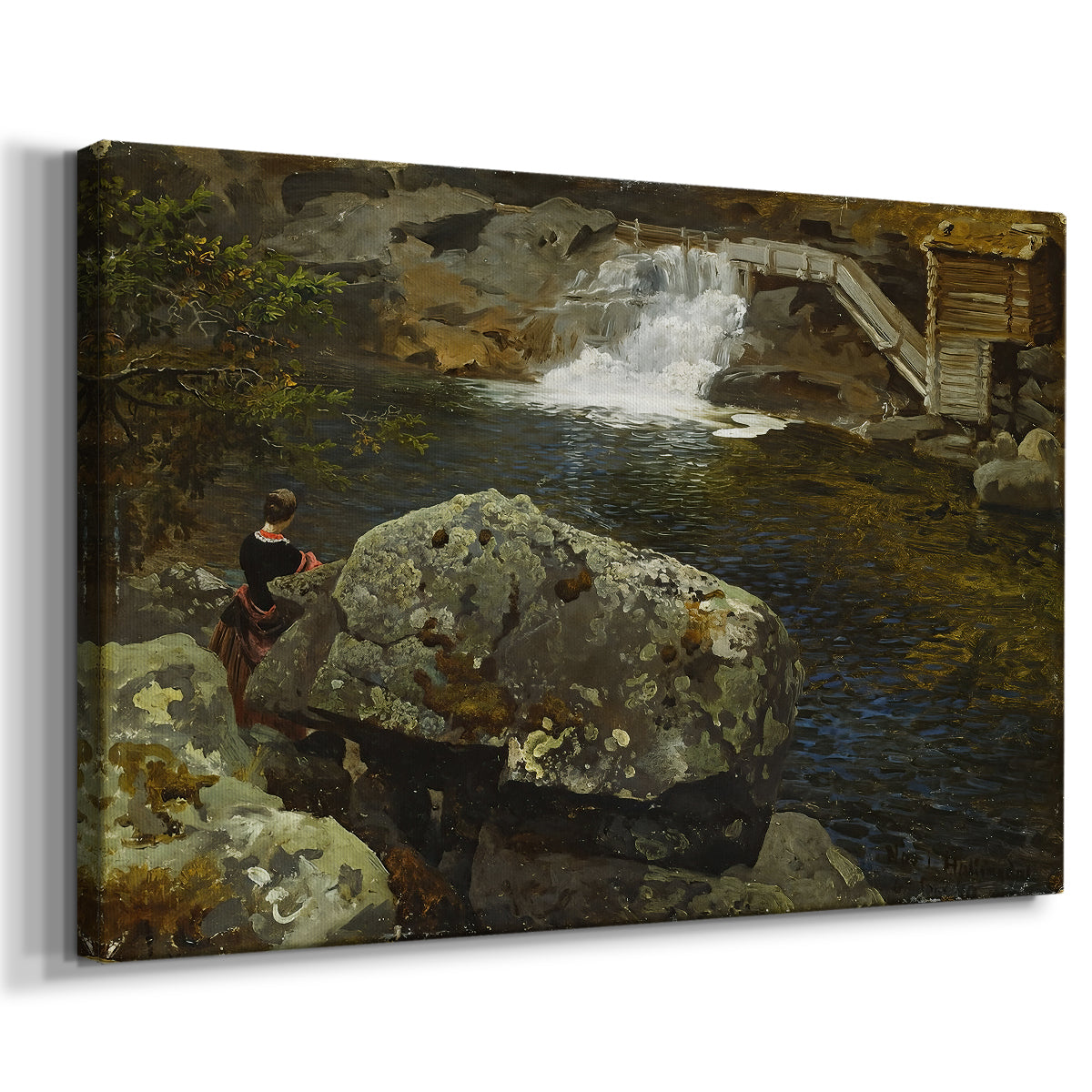 Canvas art print featuring a tranquil rural scene with water and rustic mill structure, displayed at an angle