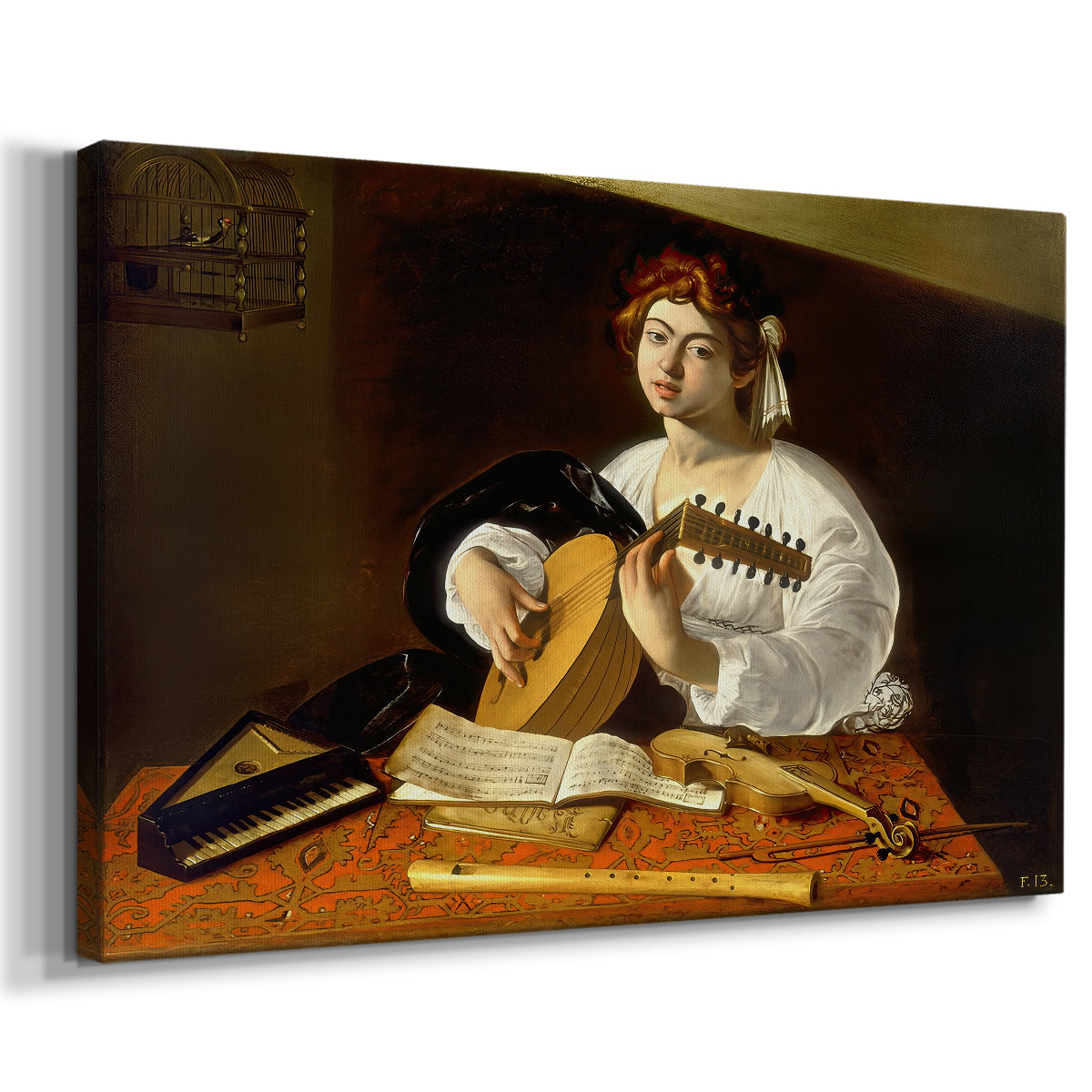 Canvas art print featuring a musician seated with lute and musical instruments on table, displayed at an angle