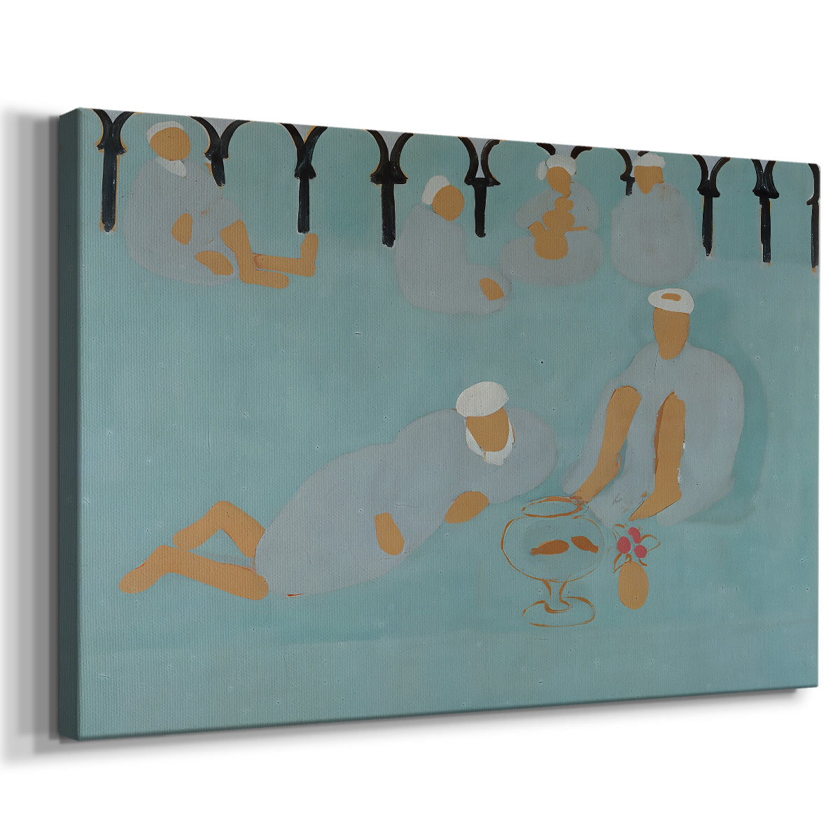 Canvas art print featuring an expressive depiction of people gathered in cafÃ© setting, displayed at an angle